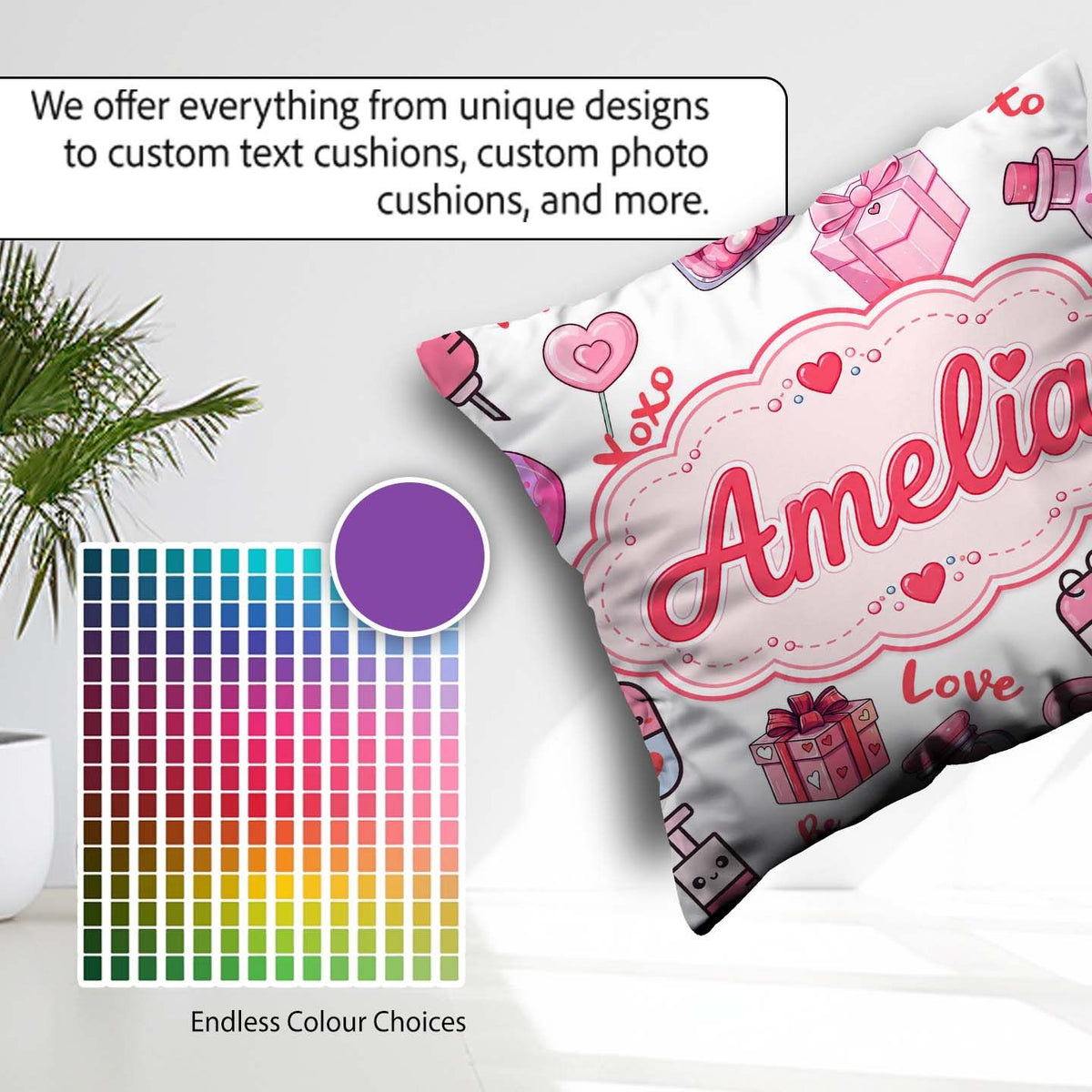 Custom Name Valentines Hearts Gifts Candy Syringe Grey Seamless Square Filled Cushion Throw Pillow Sofa Bed Home Decor Zip Washable UK Made