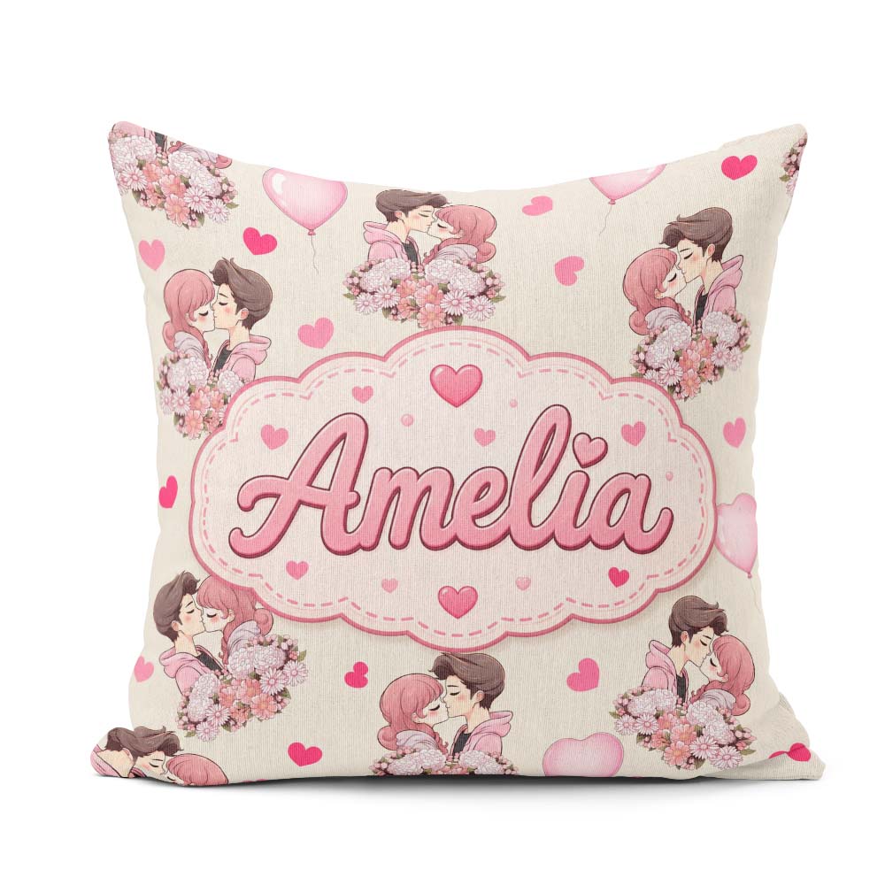 Custom Name Valentines Love Couple Kissing Floral Hearts Beige Square Filled Cushion Throw Pillow Sofa Bed Home Decor Zip Washable UK Made