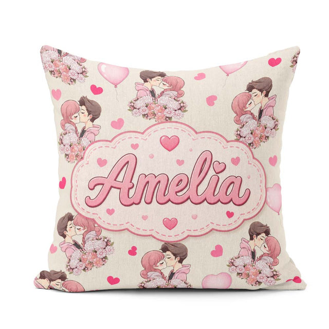 Custom Name Valentines Love Couple Kissing Floral Hearts Beige Square Filled Cushion Throw Pillow Sofa Bed Home Decor Zip Washable UK Made