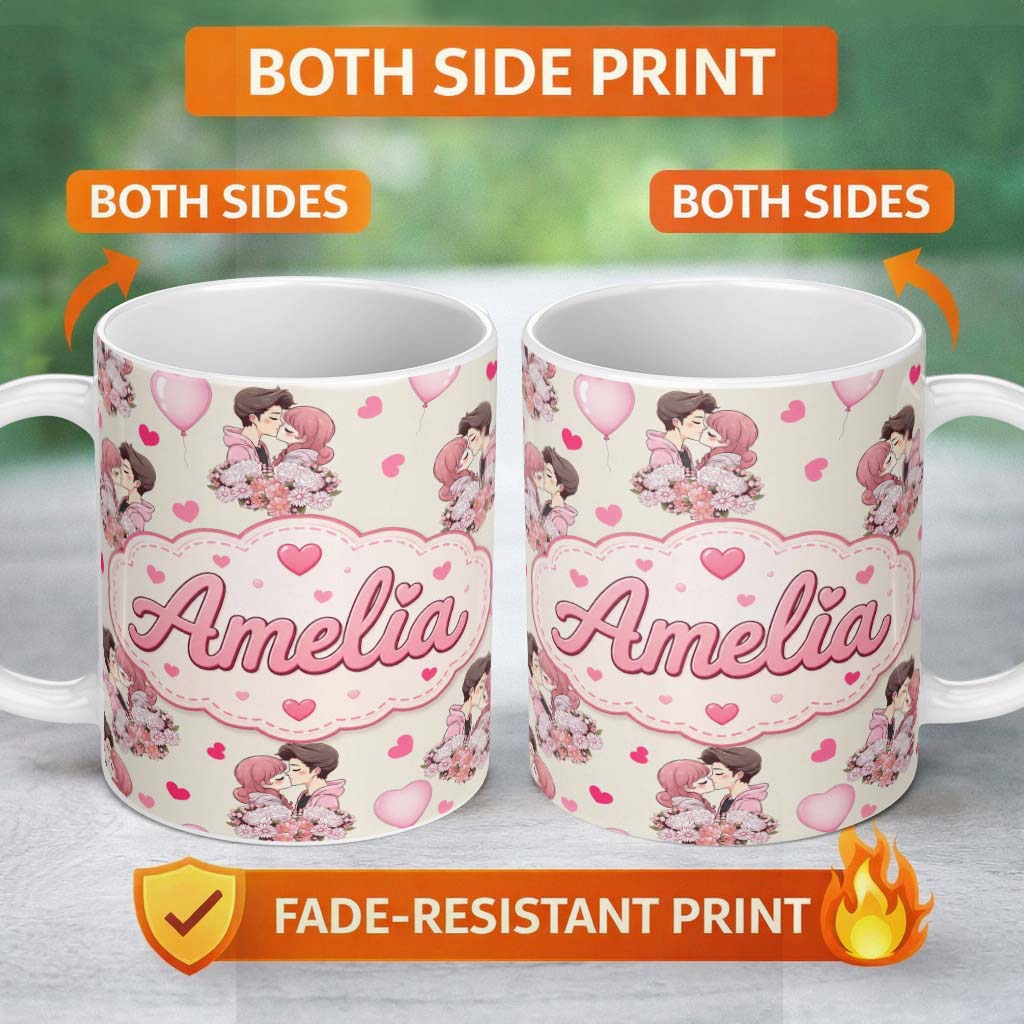 Personalized Custom Name Valentines Love Couple Kissing Floral Hearts Beige Background 11oz Ceramic Coffee Tea Mug White Large Handle