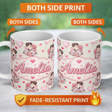 Personalized Custom Name Valentines Love Couple Kissing Floral Hearts Beige Background 11oz Ceramic Coffee Tea Mug White Large Handle