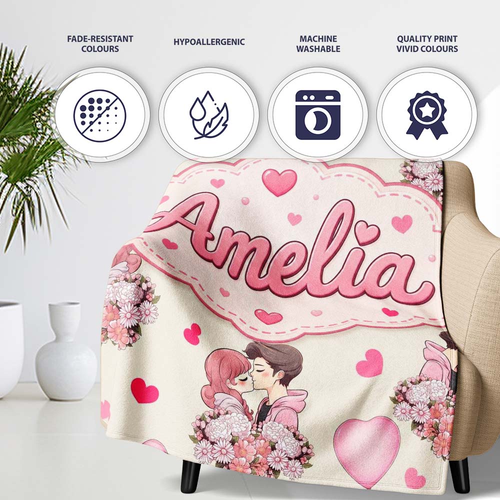 Valentines Love Couple Kissing Floral Hearts Beige Background  Personalised Custom Name Super Soft Fleece Blanket Bed Sofa Throw