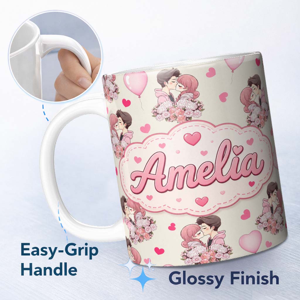 Personalized Custom Name Valentines Love Couple Kissing Floral Hearts Beige Background 11oz Ceramic Coffee Tea Mug White Large Handle