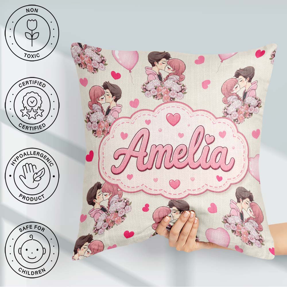 Custom Name Valentines Love Couple Kissing Floral Hearts Beige Square Filled Cushion Throw Pillow Sofa Bed Home Decor Zip Washable UK Made