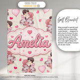 Valentines Love Couple Kissing Floral Hearts Beige Background  Personalised Custom Name Super Soft Fleece Blanket Bed Sofa Throw