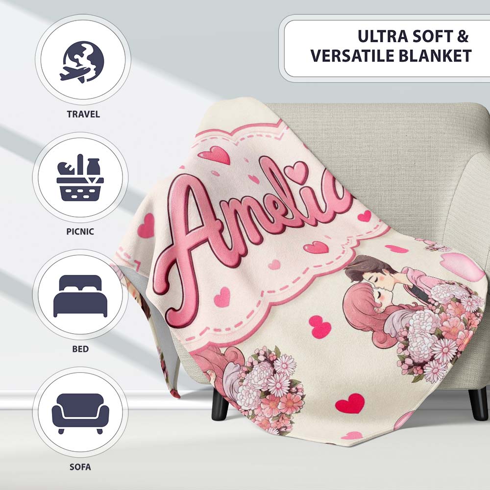 Valentines Love Couple Kissing Floral Hearts Beige Background  Personalised Custom Name Super Soft Fleece Blanket Bed Sofa Throw