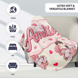 Valentines Love Couple Kissing Floral Hearts Beige Background  Personalised Custom Name Super Soft Fleece Blanket Bed Sofa Throw