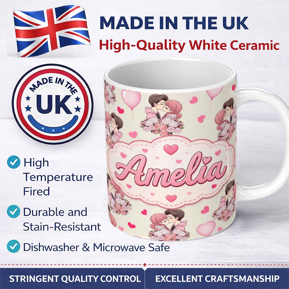 Personalized Custom Name Valentines Love Couple Kissing Floral Hearts Beige Background 11oz Ceramic Coffee Tea Mug White Large Handle