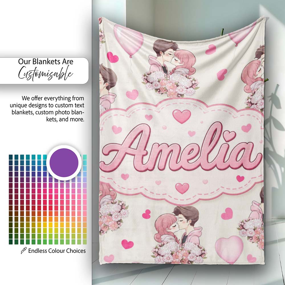 Valentines Love Couple Kissing Floral Hearts Beige Background  Personalised Custom Name Super Soft Fleece Blanket Bed Sofa Throw