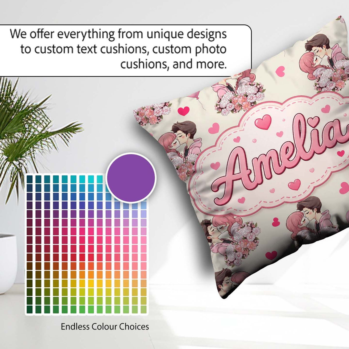 Custom Name Valentines Love Couple Kissing Floral Hearts Beige Square Filled Cushion Throw Pillow Sofa Bed Home Decor Zip Washable UK Made