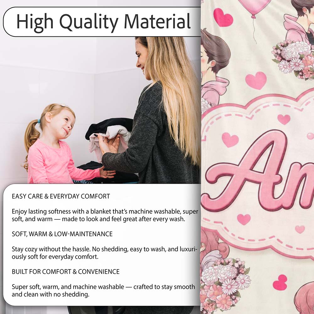 Valentines Love Couple Kissing Floral Hearts Beige Background  Personalised Custom Name Super Soft Fleece Blanket Bed Sofa Throw
