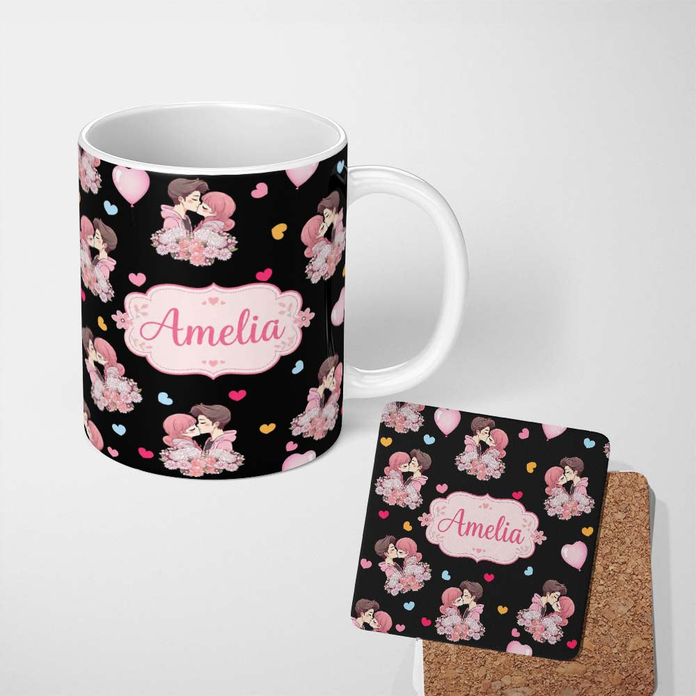 Personalized Custom Name Valentines Love Couple Kissing Floral Hearts Black Background 11oz Ceramic Coffee Tea Mug White Large Handle