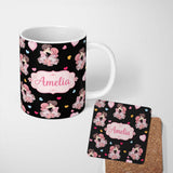 Personalized Custom Name Valentines Love Couple Kissing Floral Hearts Black Background 11oz Ceramic Coffee Tea Mug White Large Handle