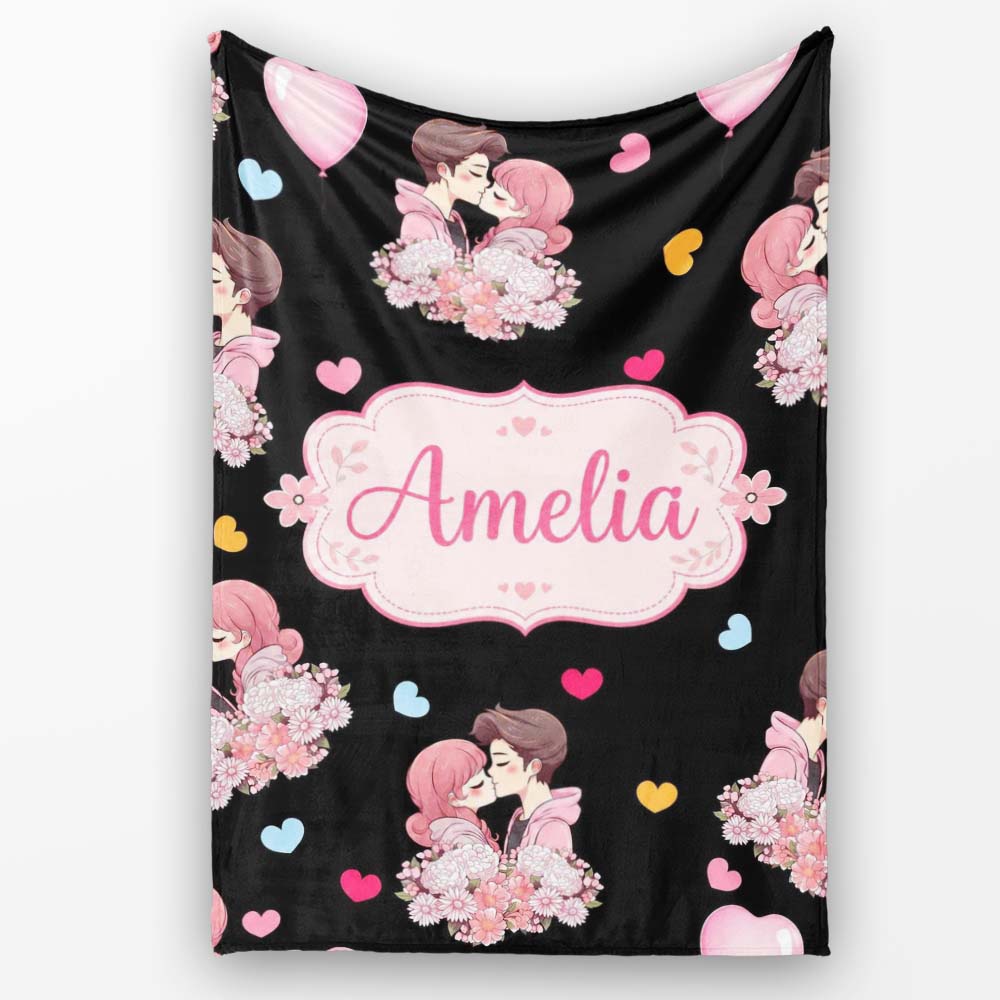 Valentines Love Couple Kissing Floral Hearts Black Background  Personalised Custom Name Super Soft Fleece Blanket Bed Sofa Throw