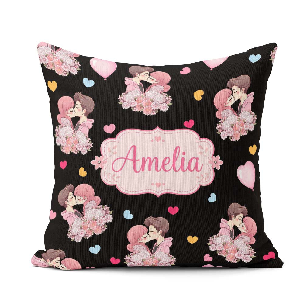 Custom Name Valentines Love Couple Kissing Floral Hearts Black Square Filled Cushion Throw Pillow Sofa Bed Home Decor Zip Washable UK Made