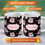 Personalized Custom Name Valentines Love Couple Kissing Floral Hearts Black Background 11oz Ceramic Coffee Tea Mug White Large Handle