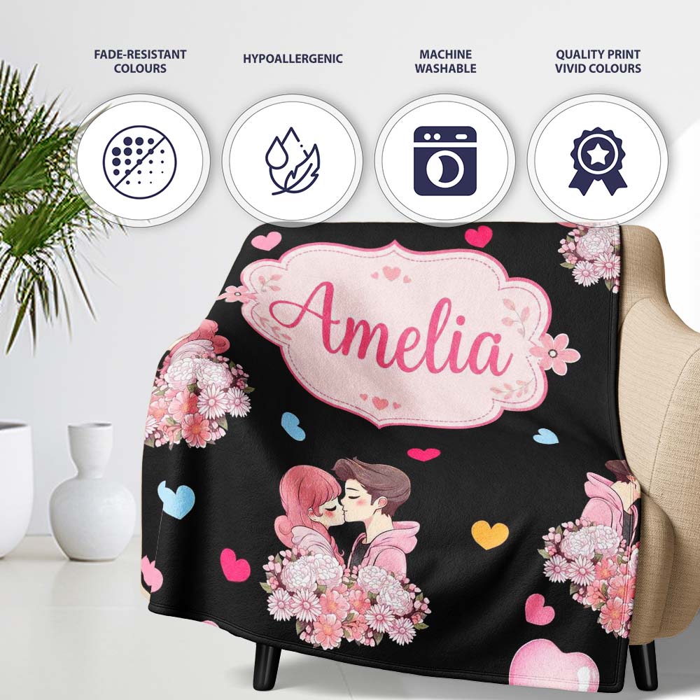 Valentines Love Couple Kissing Floral Hearts Black Background  Personalised Custom Name Super Soft Fleece Blanket Bed Sofa Throw