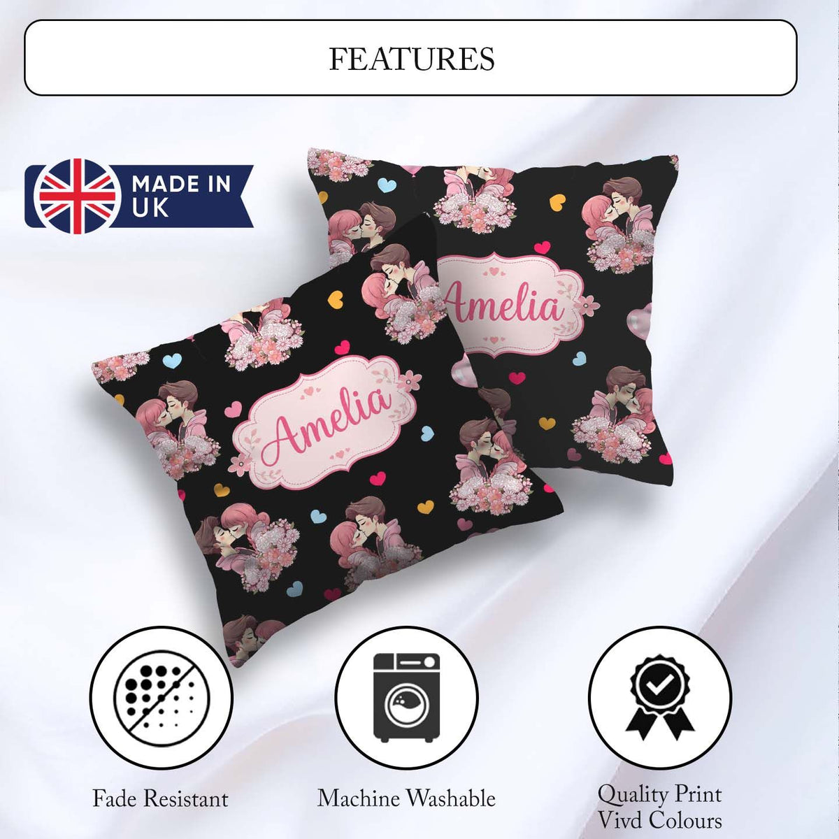 Custom Name Valentines Love Couple Kissing Floral Hearts Black Square Filled Cushion Throw Pillow Sofa Bed Home Decor Zip Washable UK Made