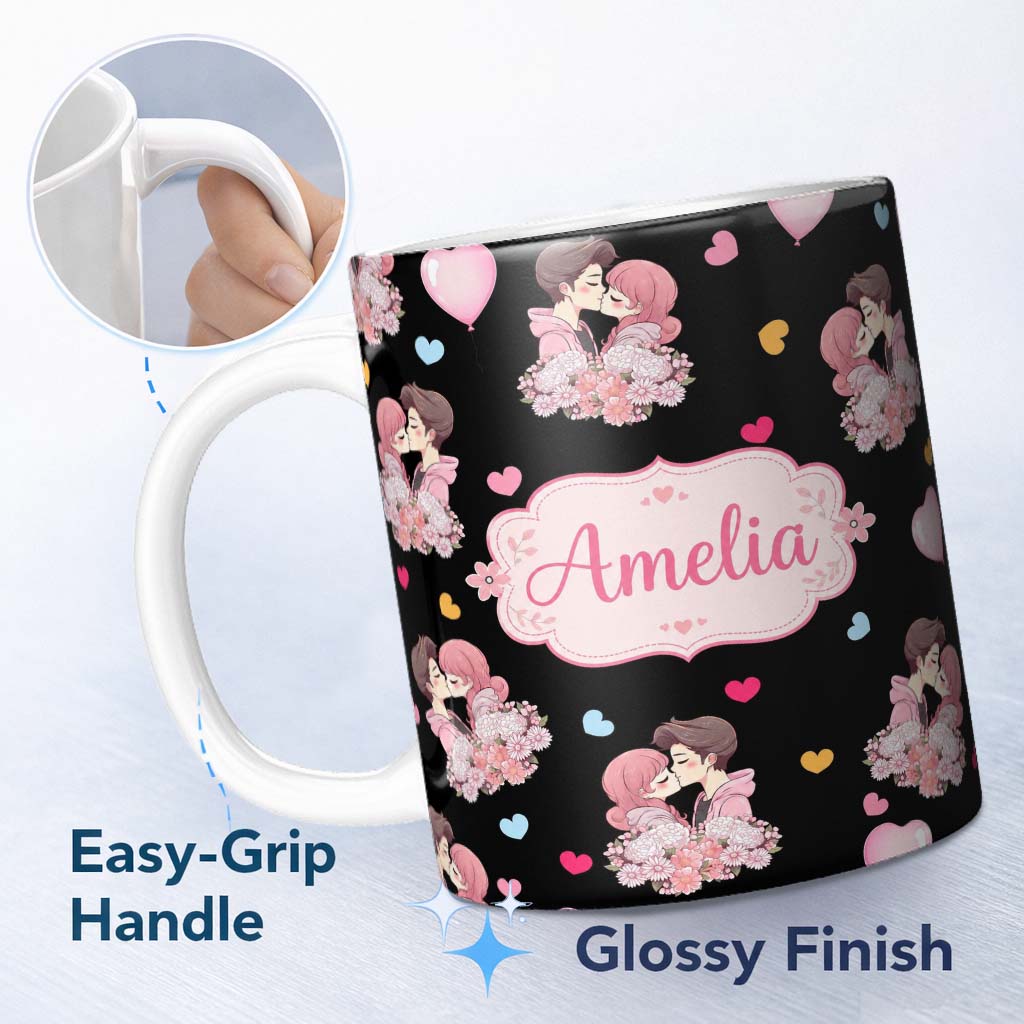 Personalized Custom Name Valentines Love Couple Kissing Floral Hearts Black Background 11oz Ceramic Coffee Tea Mug White Large Handle