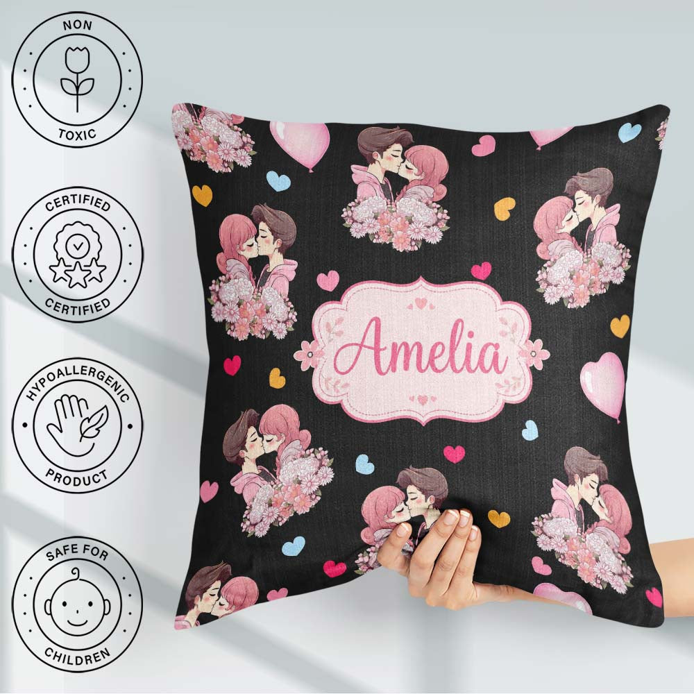 Custom Name Valentines Love Couple Kissing Floral Hearts Black Square Filled Cushion Throw Pillow Sofa Bed Home Decor Zip Washable UK Made