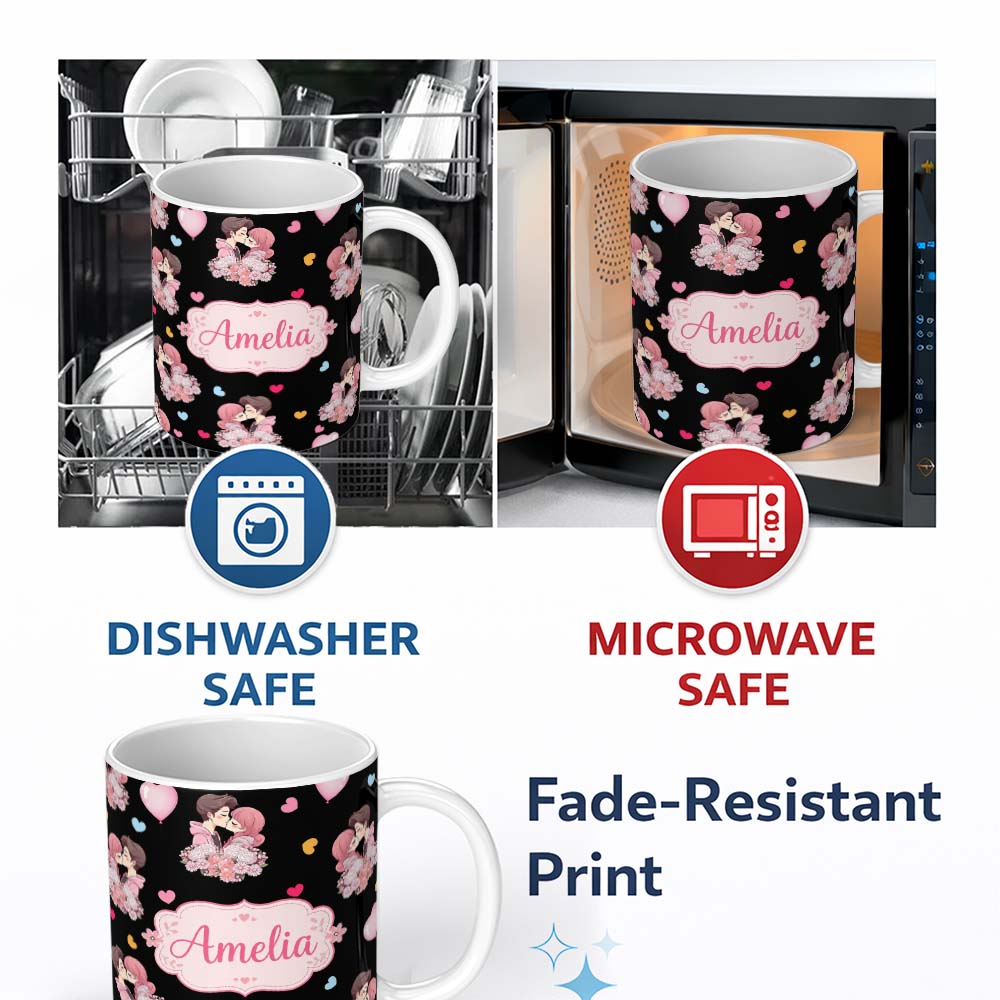 Personalized Custom Name Valentines Love Couple Kissing Floral Hearts Black Background 11oz Ceramic Coffee Tea Mug White Large Handle