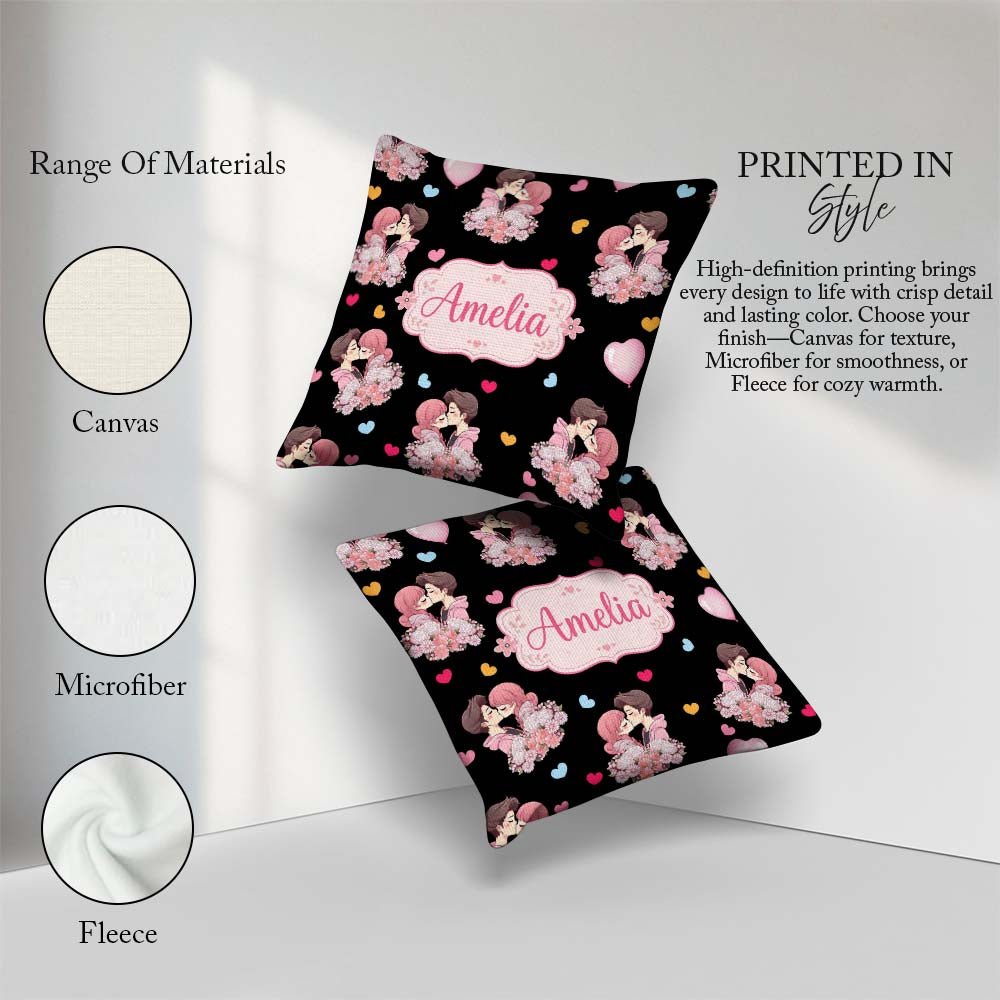 Custom Name Valentines Love Couple Kissing Floral Hearts Black Square Filled Cushion Throw Pillow Sofa Bed Home Decor Zip Washable UK Made