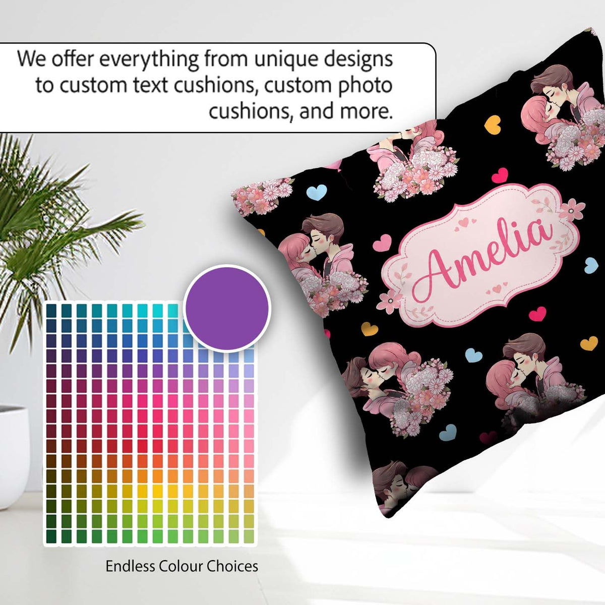 Custom Name Valentines Love Couple Kissing Floral Hearts Black Square Filled Cushion Throw Pillow Sofa Bed Home Decor Zip Washable UK Made