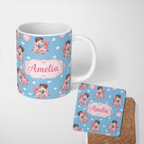 Personalized Custom Name Valentines Love Couple Kissing Floral Hearts Blue Background 11oz Ceramic Coffee Tea Mug White Large Handle