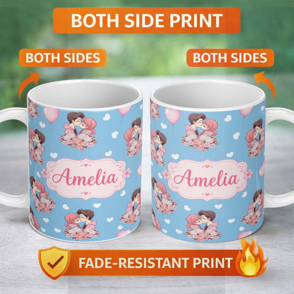 Personalized Custom Name Valentines Love Couple Kissing Floral Hearts Blue Background 11oz Ceramic Coffee Tea Mug White Large Handle