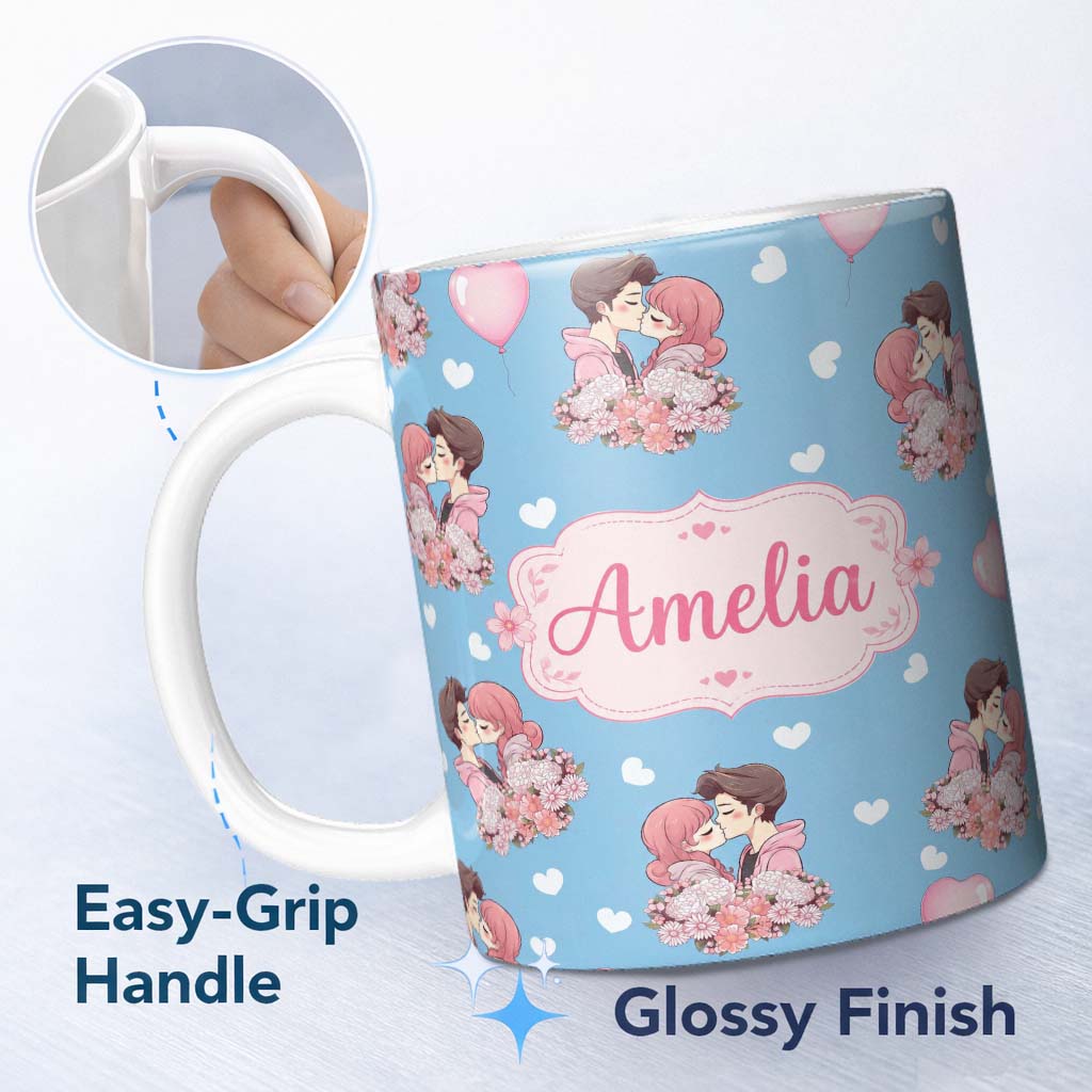 Personalized Custom Name Valentines Love Couple Kissing Floral Hearts Blue Background 11oz Ceramic Coffee Tea Mug White Large Handle