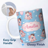 Personalized Custom Name Valentines Love Couple Kissing Floral Hearts Blue Background 11oz Ceramic Coffee Tea Mug White Large Handle