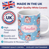 Personalized Custom Name Valentines Love Couple Kissing Floral Hearts Blue Background 11oz Ceramic Coffee Tea Mug White Large Handle