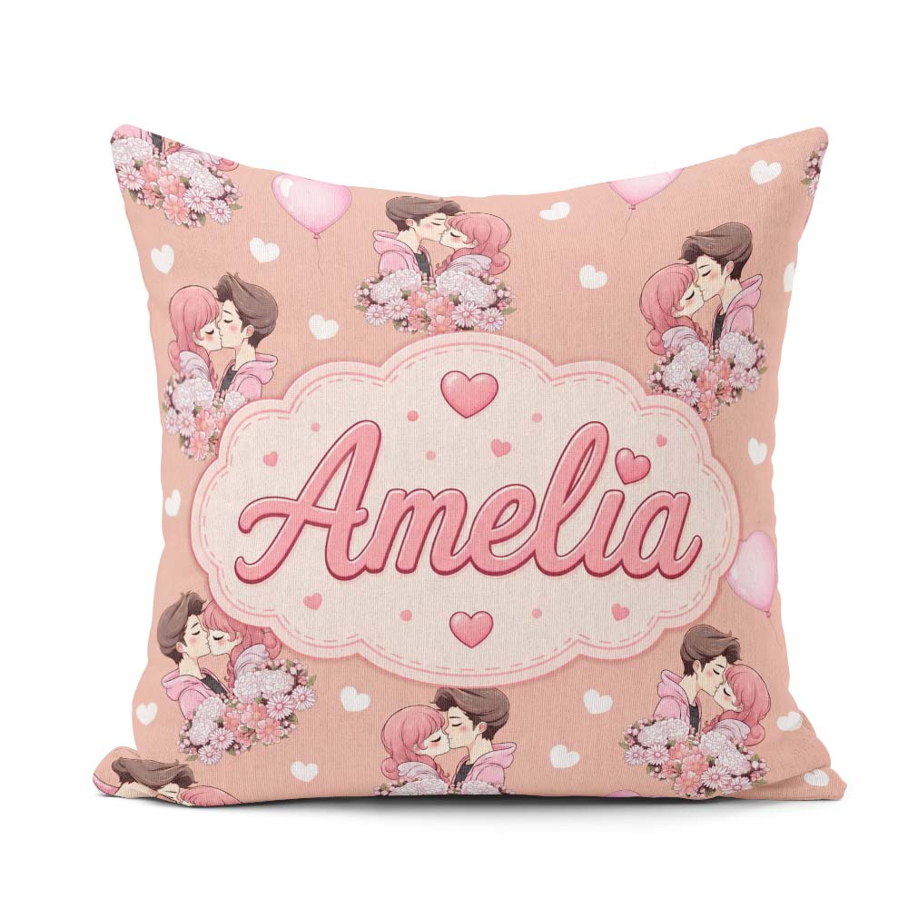 Custom Name Valentines Love Couple Kissing Floral Hearts Brown Square Filled Cushion Throw Pillow Sofa Bed Home Decor Zip Washable UK Made