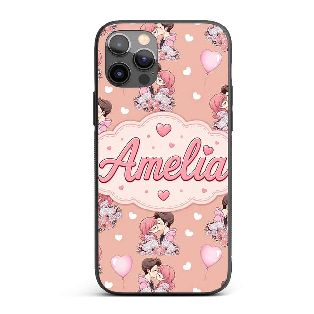 Valentines Love Couple Kissing Floral Hearts Custom Name Protective Phone Case Mobile Cover Durable Everyday Smartphone Shock Resistant