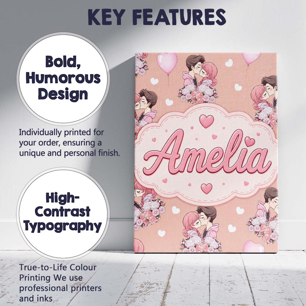 Personalised Name Valentines Love Couple Custom  Unique Gift Idea Elegant Feature Canvas Wall Art Print Decor Picture Ready to Hang
