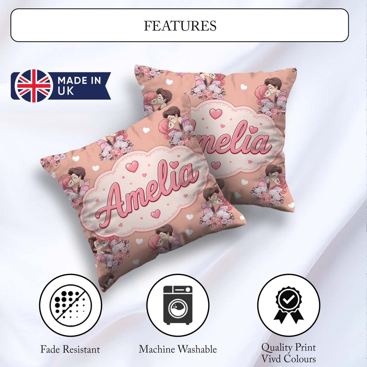 Custom Name Valentines Love Couple Kissing Floral Hearts Brown Square Filled Cushion Throw Pillow Sofa Bed Home Decor Zip Washable UK Made