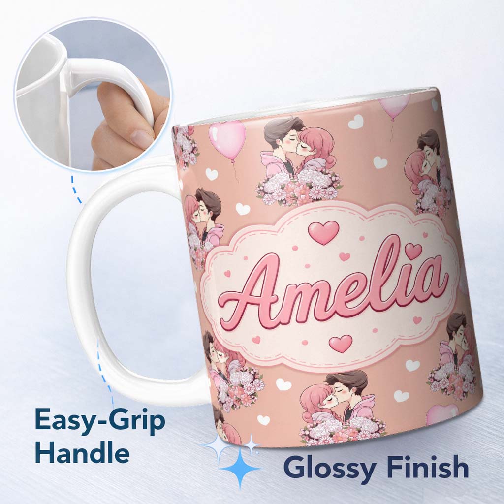 Personalized Custom Name Valentines Love Couple Kissing Floral Hearts Brown Background 11oz Ceramic Coffee Tea Mug White Large Handle