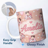 Personalized Custom Name Valentines Love Couple Kissing Floral Hearts Brown Background 11oz Ceramic Coffee Tea Mug White Large Handle