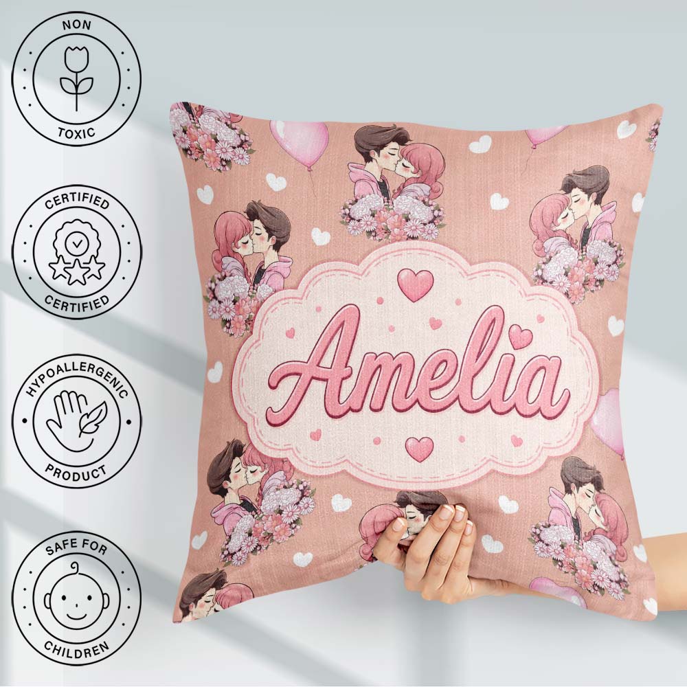 Custom Name Valentines Love Couple Kissing Floral Hearts Brown Square Filled Cushion Throw Pillow Sofa Bed Home Decor Zip Washable UK Made