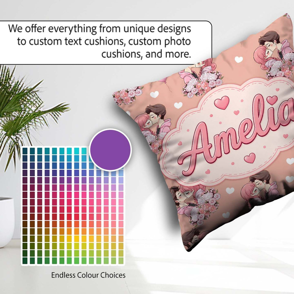 Custom Name Valentines Love Couple Kissing Floral Hearts Brown Square Filled Cushion Throw Pillow Sofa Bed Home Decor Zip Washable UK Made
