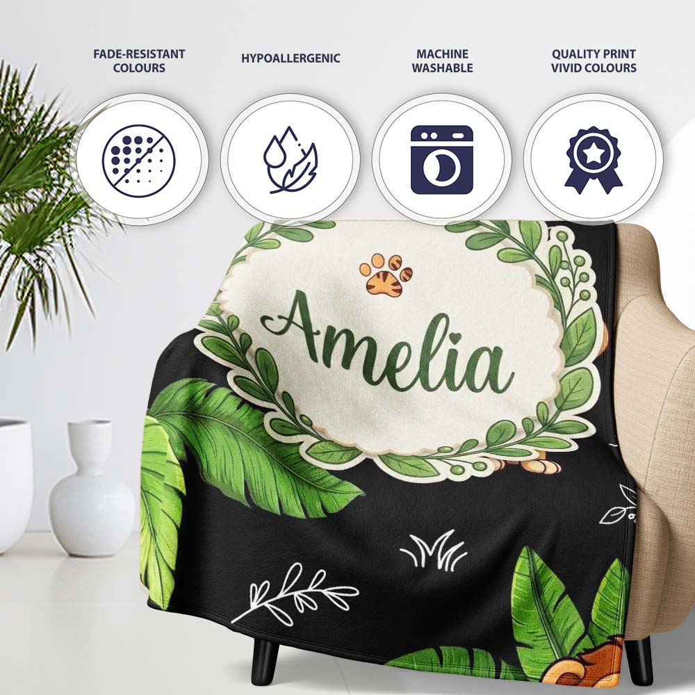 Cute Jungle Animals Dark Background Seamless Pattern Lovely  Personalised Custom Name Super Soft Fleece Blanket Bed Sofa Throw