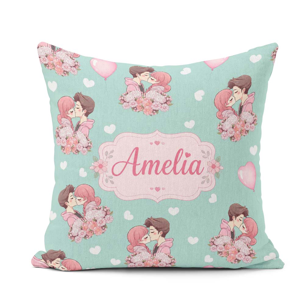 Custom Name Valentines Love Couple Kissing Floral Hearts Green Square Filled Cushion Throw Pillow Sofa Bed Home Decor Zip Washable UK Made