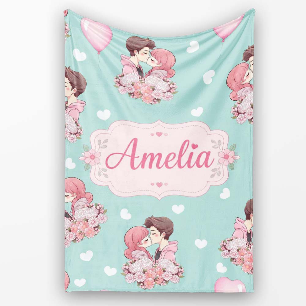 Valentines Love Couple Kissing Floral Hearts Green Background  Personalised Custom Name Super Soft Fleece Blanket Bed Sofa Throw