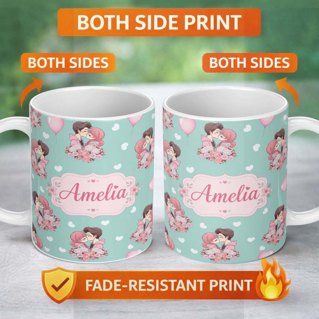 Personalized Custom Name Valentines Love Couple Kissing Floral Hearts Green Background 11oz Ceramic Coffee Tea Mug White Large Handle