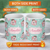 Personalized Custom Name Valentines Love Couple Kissing Floral Hearts Green Background 11oz Ceramic Coffee Tea Mug White Large Handle