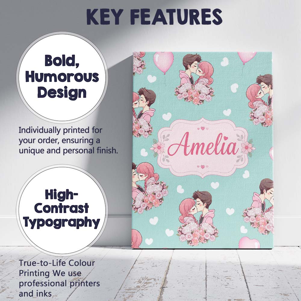 Personalised Name Valentines Love Couple Custom  Unique Gift Idea Elegant Feature Canvas Wall Art Print Decor Picture Ready to Hang