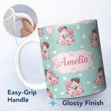 Personalized Custom Name Valentines Love Couple Kissing Floral Hearts Green Background 11oz Ceramic Coffee Tea Mug White Large Handle