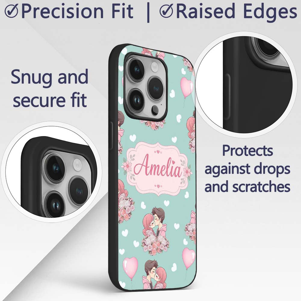 Valentines Love Couple Kissing Floral Hearts Custom Name Protective Phone Case Mobile Cover Durable Everyday Smartphone Shock Resistant