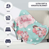 Valentines Love Couple Kissing Floral Hearts Green Background  Personalised Custom Name Super Soft Fleece Blanket Bed Sofa Throw