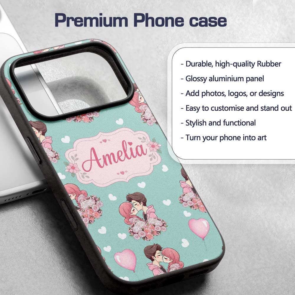 Valentines Love Couple Kissing Floral Hearts Custom Name Protective Phone Case Mobile Cover Durable Everyday Smartphone Shock Resistant